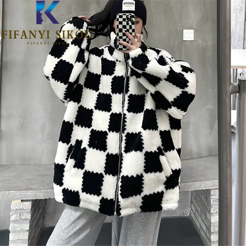 

Plaid Lambswool Plush Coat Streetwear Fashion 2021 Winter Jacket Women Zipper Loose Harajuku Jackets Thick Warm Overcoat Female