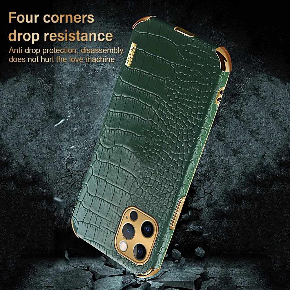 Capa de telefone de couro de crocodilo para iPhone, capa traseira luxuosa para iPhone 14, 13, 12, 11, 15 Pro Max, 14 Plus, 15, 13, 12