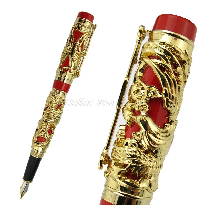 Jinhao Vintage Metal Red And Gold Carving Embossing Dragon Phoenix Medium Nib Heavy Fountain Pen Noble Office School