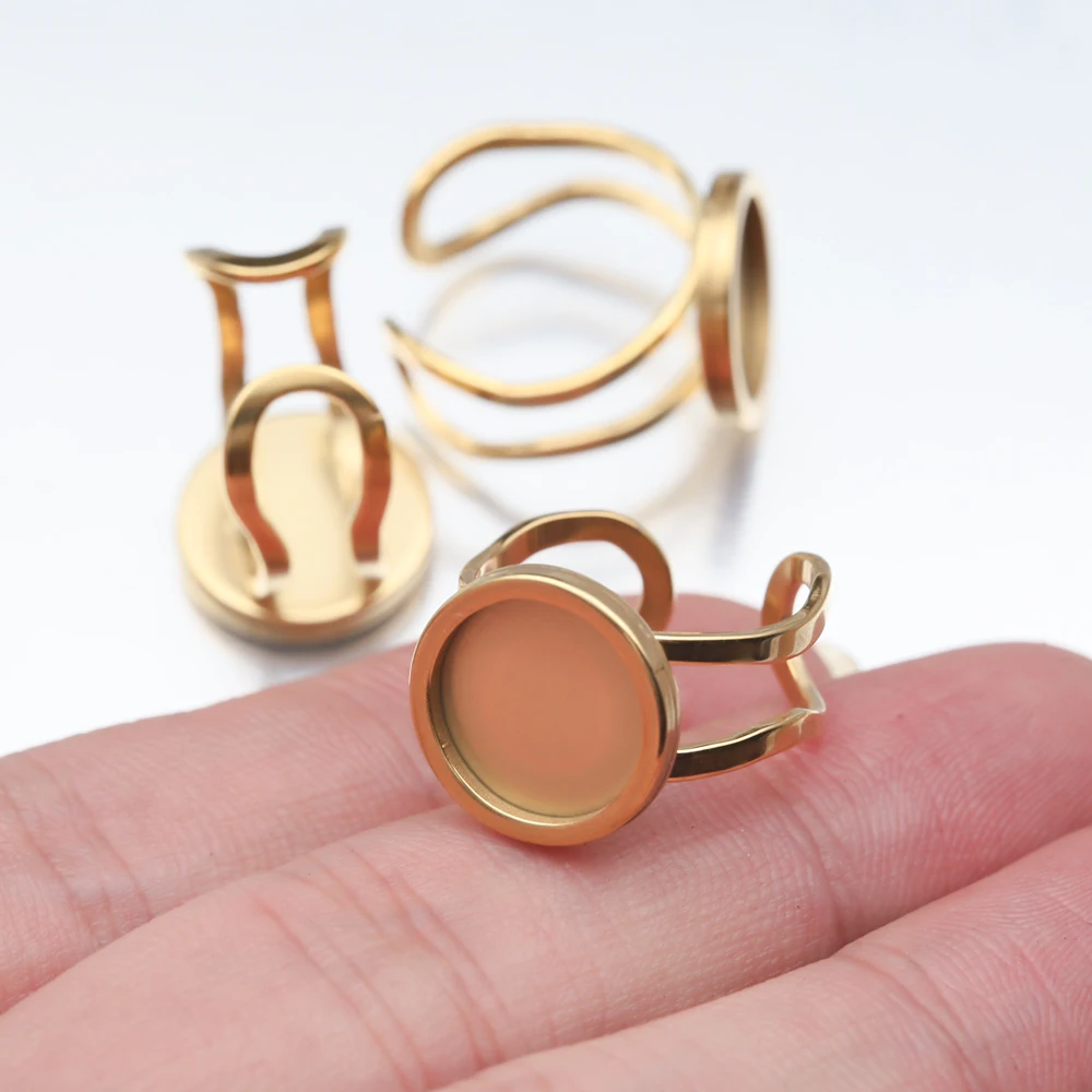 4Pcs Stainless Steel Gold Plated Adjustable Pad Bezel Ring Base Blanks Settings Diy Accessories For Finger Rings Jewelry Making