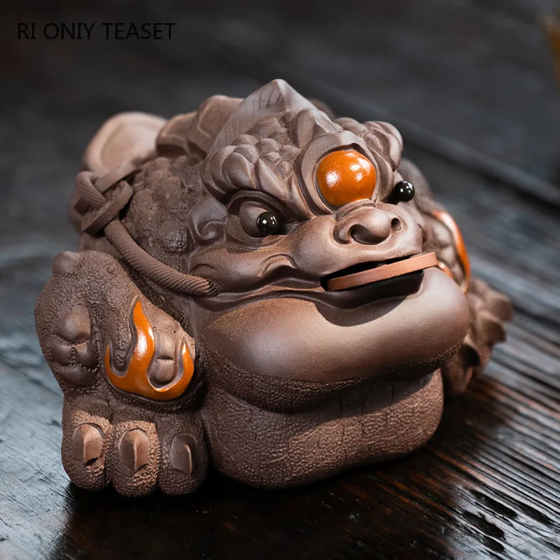 Chinese Lucky Fortune Golden Toad Statue Ornaments Yixing High-end Purple Clay Tea Pet Handmade Sculpture Crafts Tea Set Decors