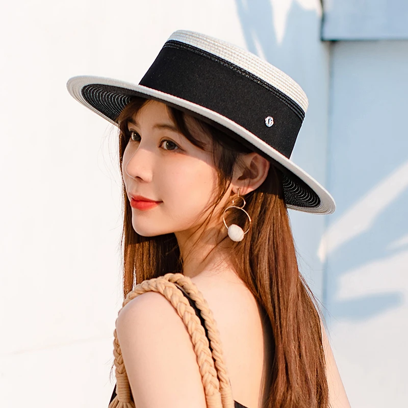 2021 Natural Wheat Straw hat Boater Fedora Top Flat Hat Women Summer sun hat Flat Brim Cap  For Holiday Part hats beach hat Caps