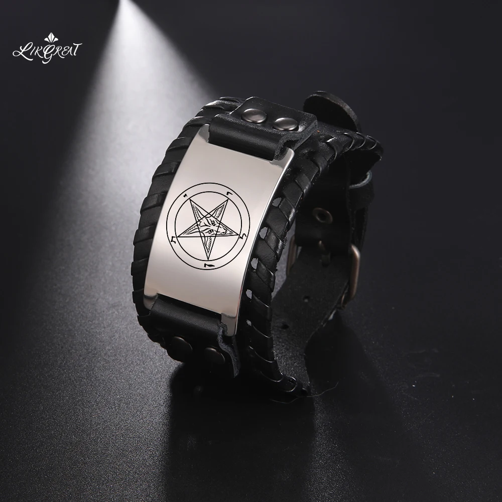 LIKGREAT Satanic Amulet Wide Leather Bracelet on Hand for Men Symbol of Evil Stand-in for Satan Vintage Charm Bangles Jewelry