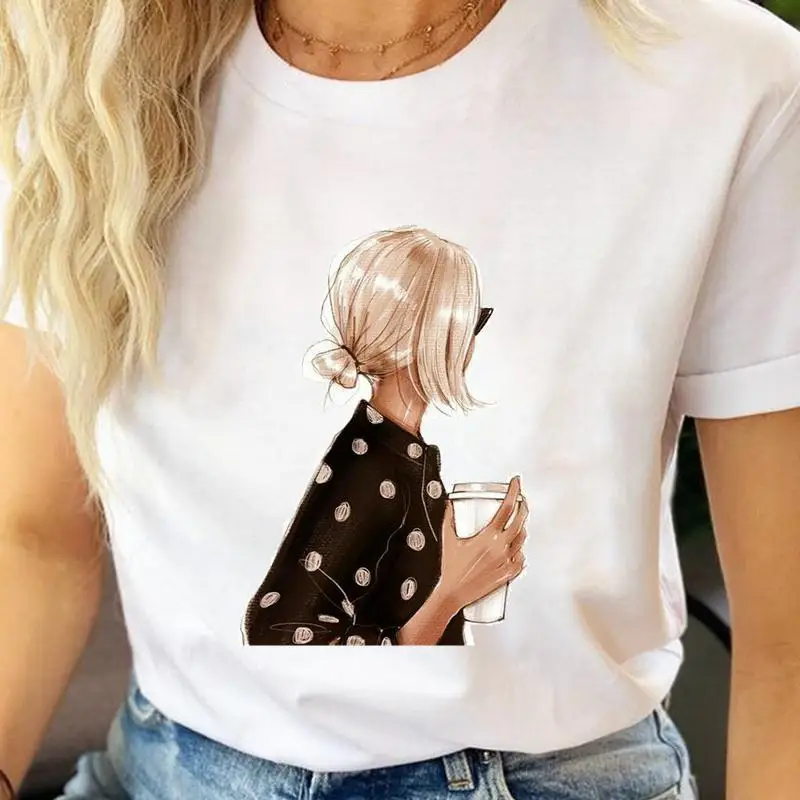 Women Watercolor Coffee Cute T-shirts Female T Tee Cartoon Clothes Short Sleeve Casual Shirt Fashion Lady Graphic Tshirt Top