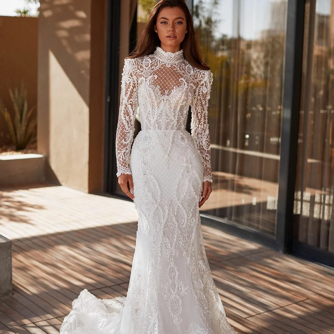 

Lace Appliqués Mermaid Wedding Dress High Neck Bridal Gowns Custom Made Long Sleeves Beach Vestido de novia