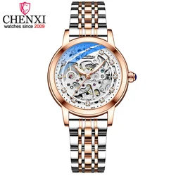 Chenxi Frauen automatische mechanische Uhr Top Marke Luxus Edelstahl wasserdichte Armbanduhr Damen Skelett Tourbillon Uhr