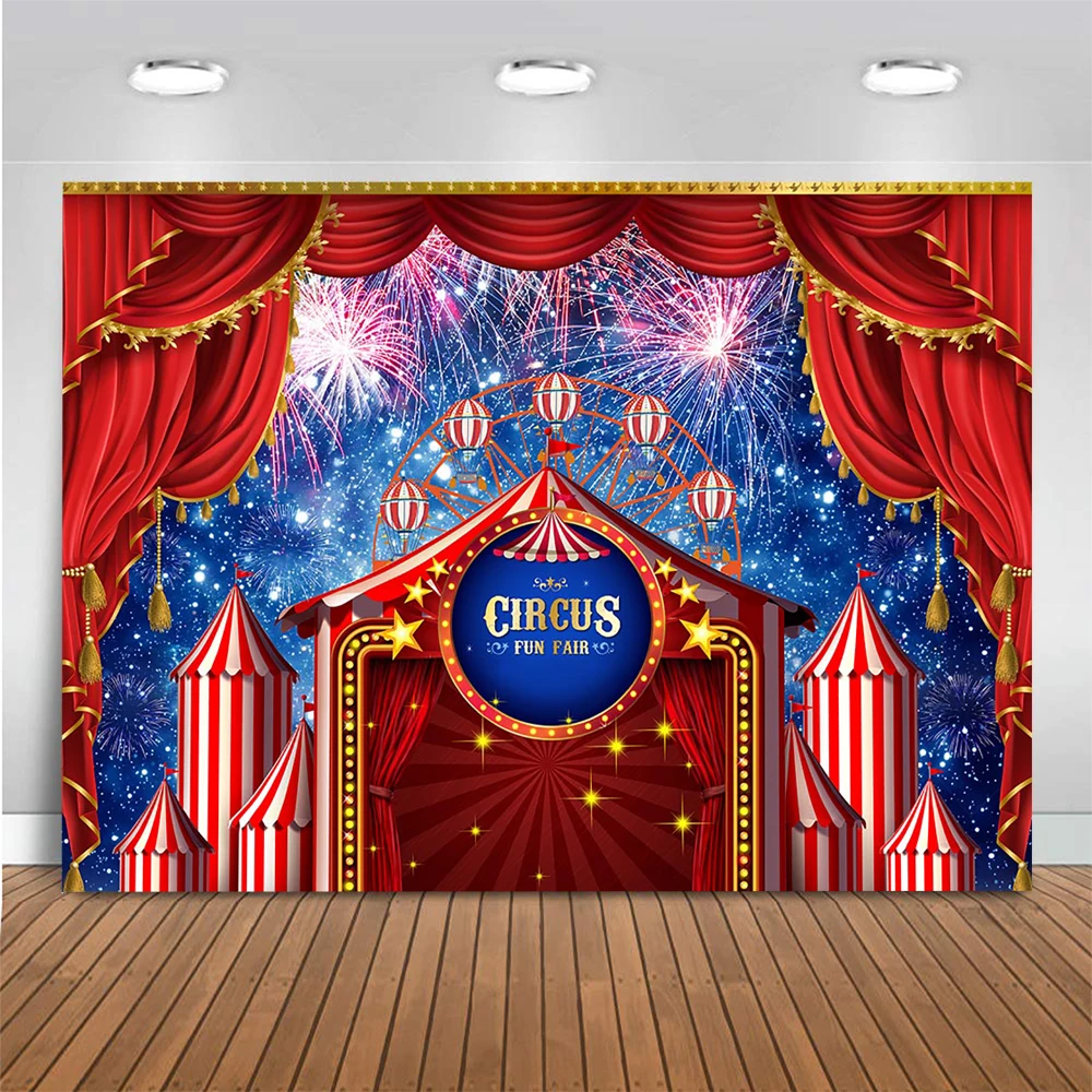 Mocsicka-telón de fondo de circo para niños, cartel de cumpleaños, accesorios para pastel, fuegos artificiales, noria, cielo nocturno brillante, primer cartel para estudio fotográfico