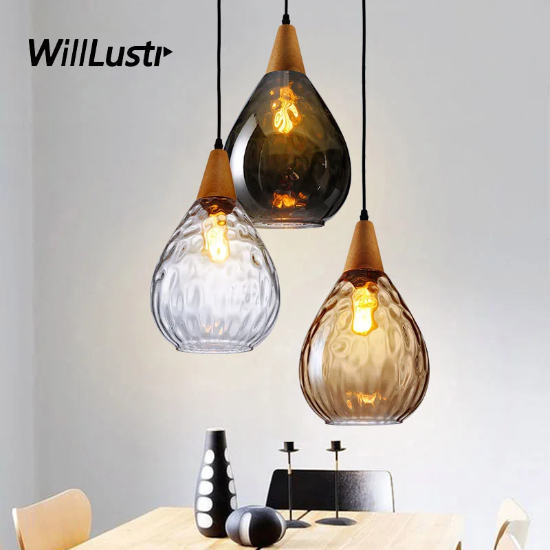 WaterDrop Pendant Lamp Clear Smoke Amber Aquatex Glass Suspension Light Hall Living Room Wood Hanging Ceiling Chandelier