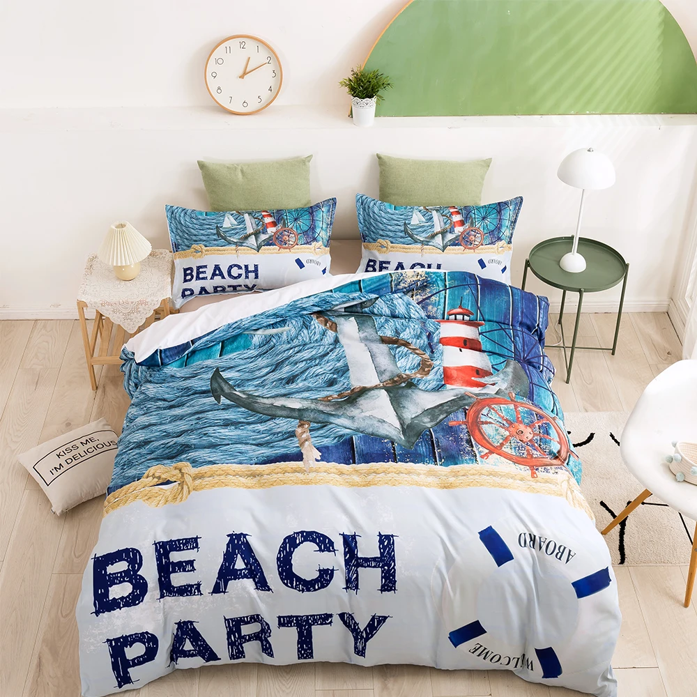 Anchor Boat Nautical Sailing Ocean Bedding Set Sea Beach Duvet Cover King Size Blue Bed Set Queen Size Kids Boys Home Textile