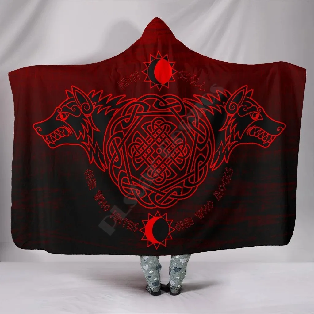 

Viking Style Hooded Blanket Skoll And Hati Red 3D Printed Wearable Blanket Adults For Kids Hooded Blanket