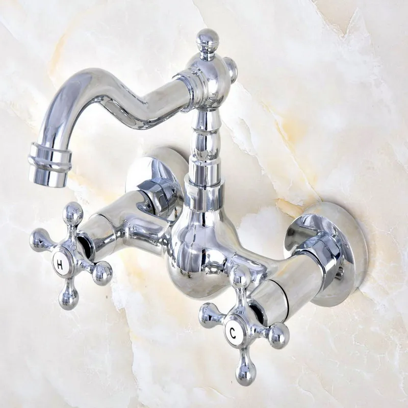 Polished Chrome Brass Wall Mounted Bathroom Kitchen Sink Faucet Swivel Spout Mixer Tap Dual Cross Handles mnf577