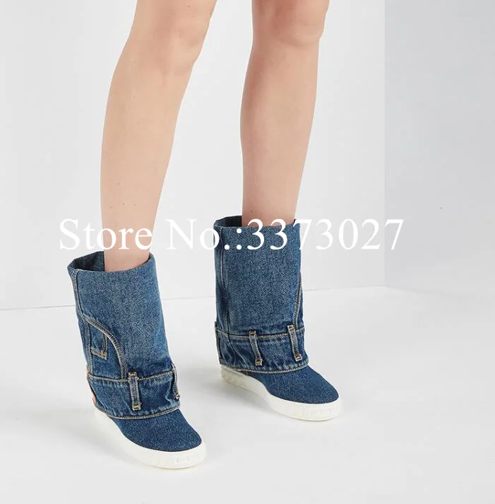 

Lady New Denim Wedge Short Boots Woman Sexy 8cm Increasing Wedge Heel Mid-calf Boots Fashion Female Jeans Casual Shoes Dropship