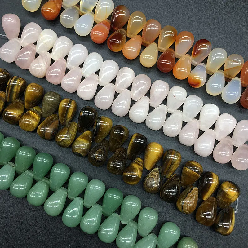 10x17mm Natural Semi-precious Stone Loose Beads Water Drop Side Of The Punch TigerEye Agate Topaz Rose Quartz Women Accessories