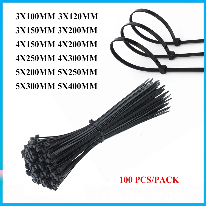 100PCS/PACK Self-locking Plastic Nylon Twist Ties   Black  Cable Tie Fastening Ring  Industrial Cable Tie Table Tie Set