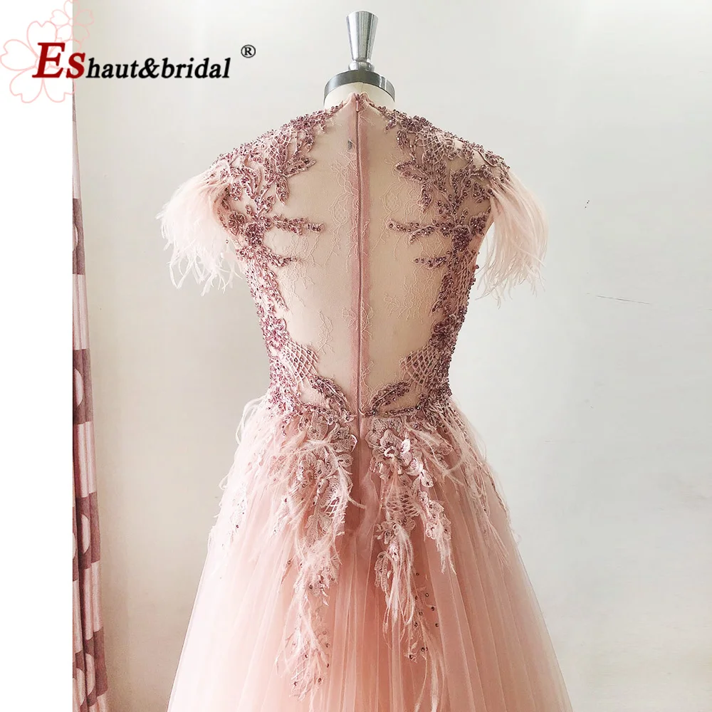 Elegant Feather Evening Night Dress for Women 2023 Mermaid Sleeveless Crystal Handmade O Neck Formal Prom Wedding Part Gowns