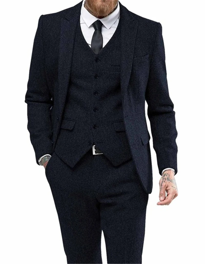 Herringbon dos homens Slim Fit Casual Formal Ternos de Negócios, Smoking Preto Tweed De Lã, Blazer De Casamento, Calças E Colete, Groomsmen, 3 peças