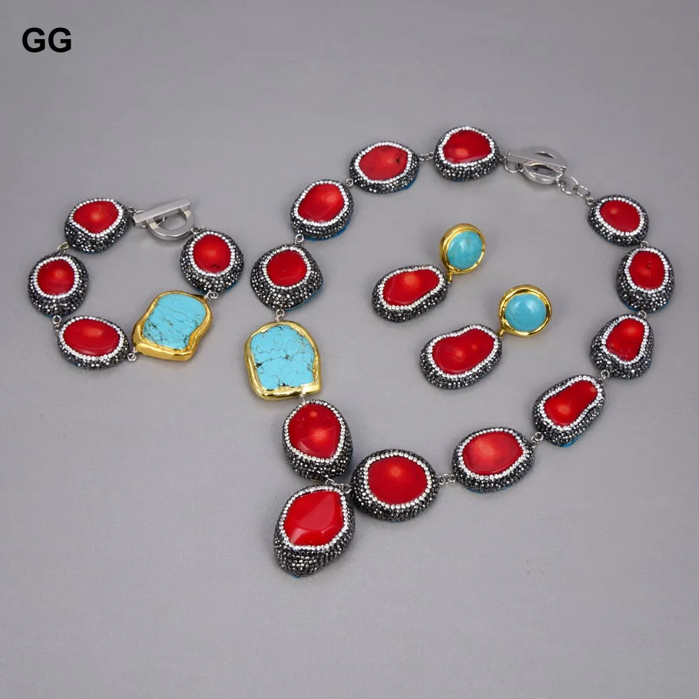 G-G Red Coral Trimmed Paved CZ Marcasite Blue Turquoises Gold Plated Nugget Necklace Bracelet Earrings Sets