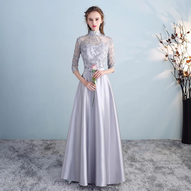 Bridesmaid Dresses Silver Gray Pattern A Line Vestido De Festa Sexy Halter Elegant Gowns Short Sleeve Wedding Party Dress R025