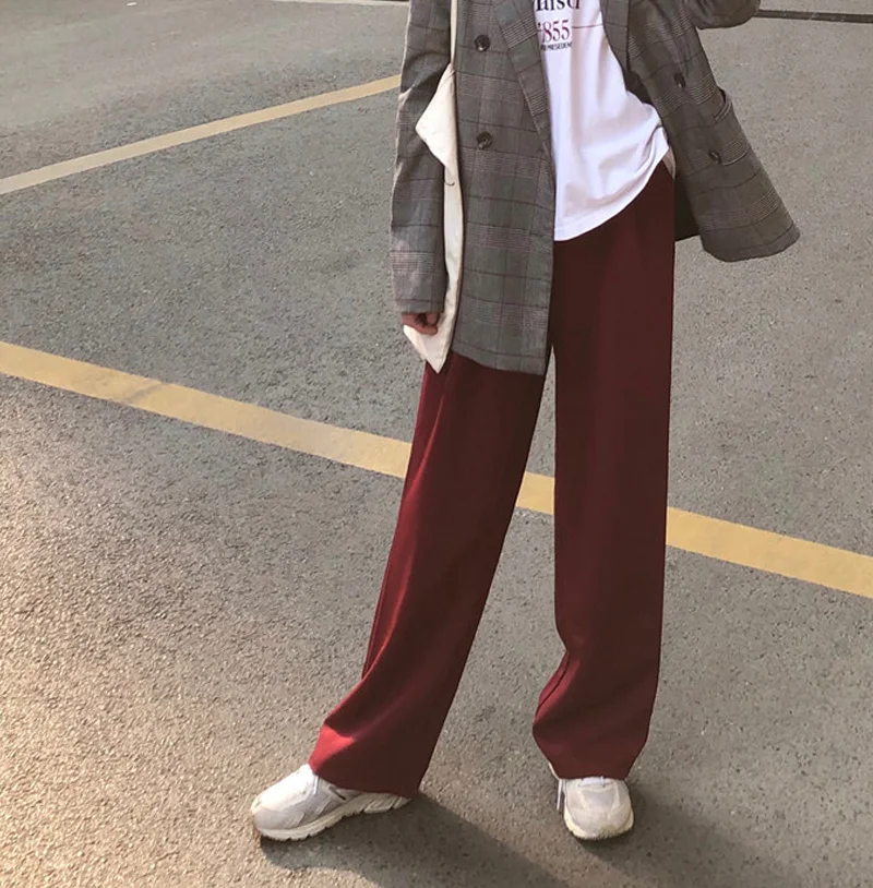 Korean Spring Autumn Wide-leg Pants Loose Straight Casual Suit Pants Vertical Sense Women High Waist Vintage Burgundy Trousers