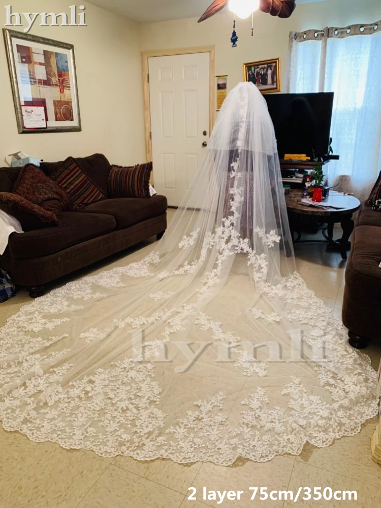 Real Photos White / Ivory Lace Wedding Veil 2 Layer 5 Meters Long Bridal Veil Church Veil Blush Veil with Metal Comb