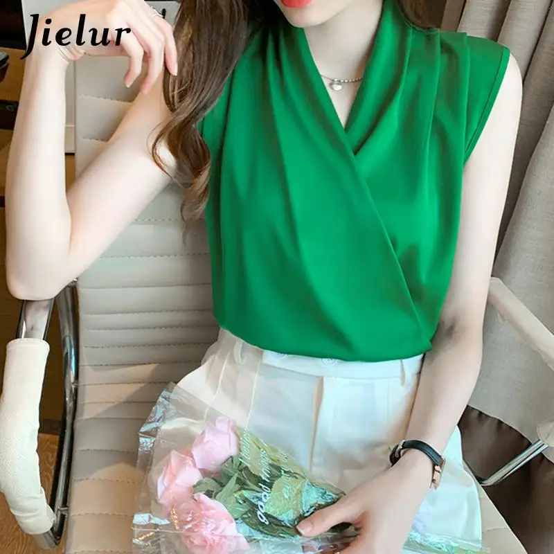 Jielur Womens Tops Blouses Solid Color White Satin Blouse Office Shirt Blusas Sleeveless Women Shirts Black White Female