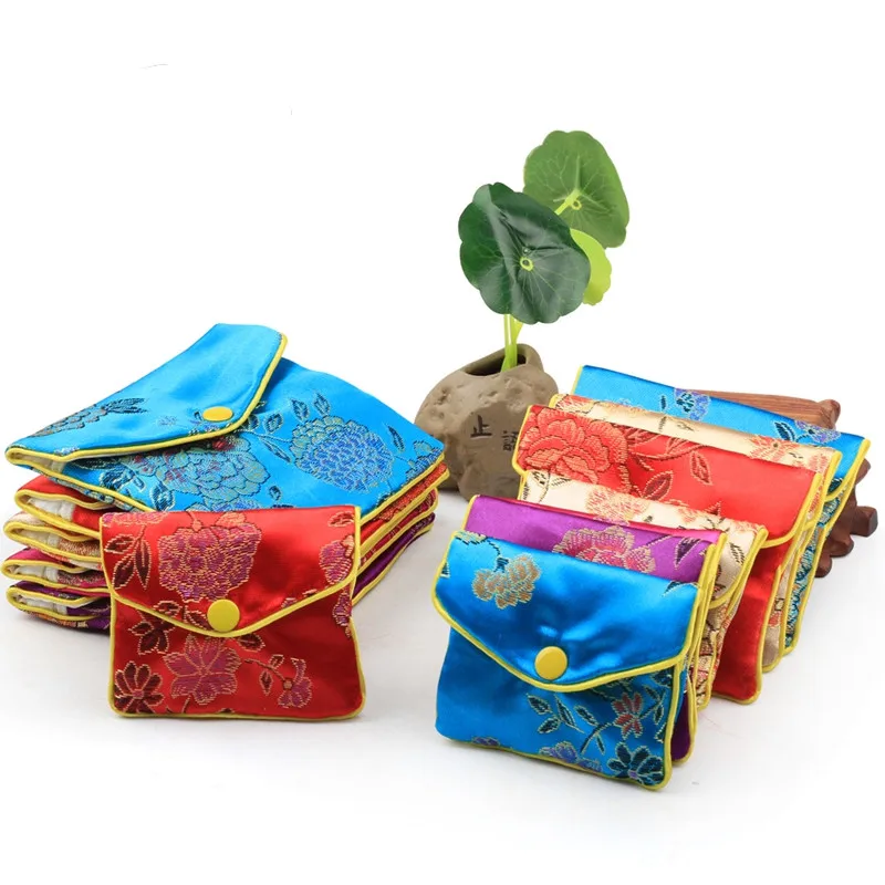 

60pcs Floral Cloth Cute Coin Purse Zip Bags Small Chinese Silk Gift Bag Jewelry Pouch Women Credit Card Holder 6x8 8x10 10x12cm