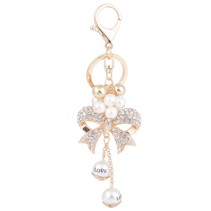 Exquisite Woman Jewelry Imitation Pearls Beads Crystal Alloy Bow Chain Keychain Car Trinke Bag Pendant Girl Gift Keyring