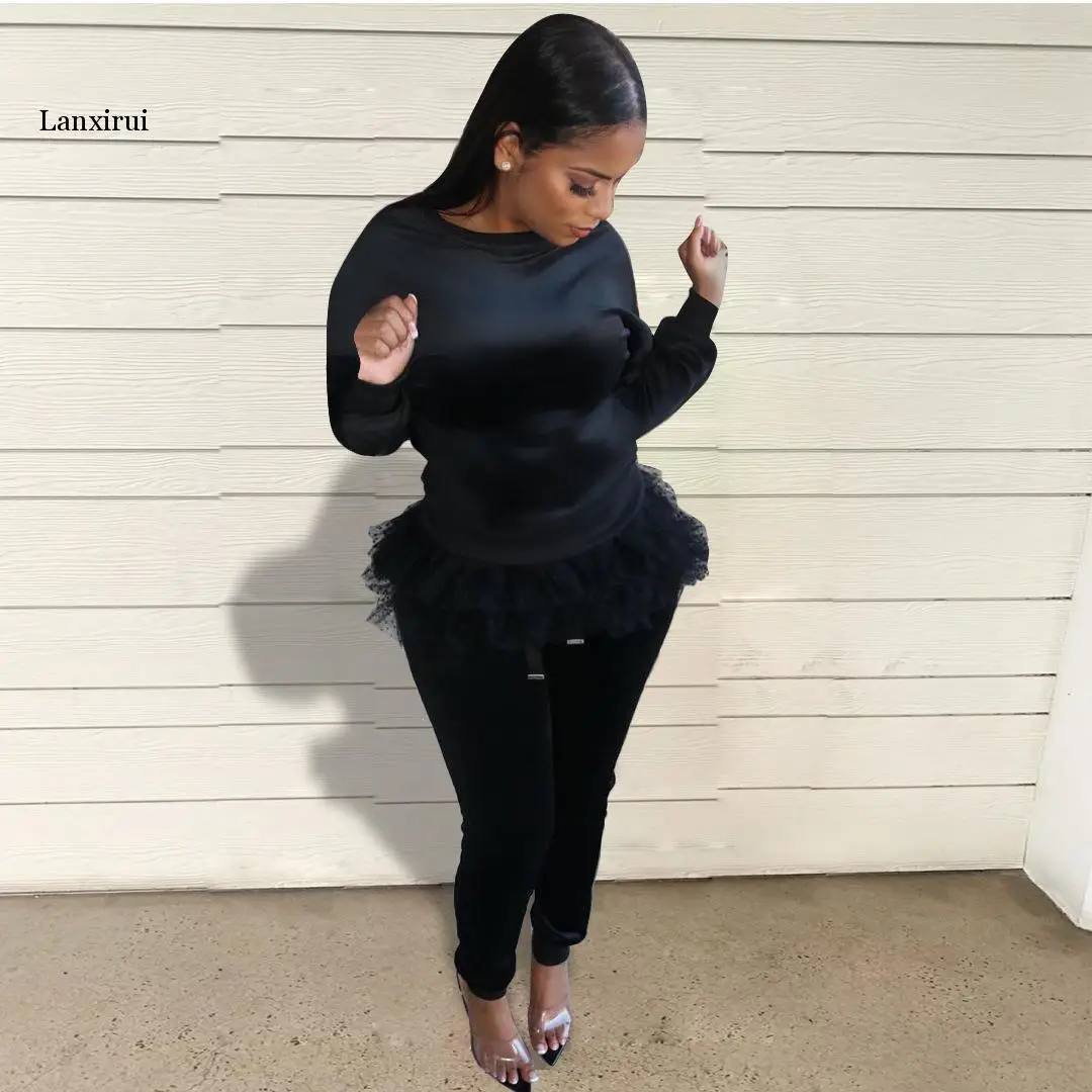 

Velvet yarn women outfit sets solid color long sleeve top and pure color casual long pants two piece set