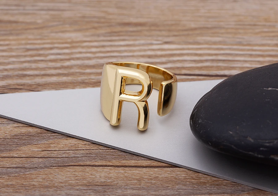 Trendy Hollow A-Z Letter Gold Color Adjustable Opening Ring Initials Name Alphabet Female Chunky Wide Party Wedding Jewelry