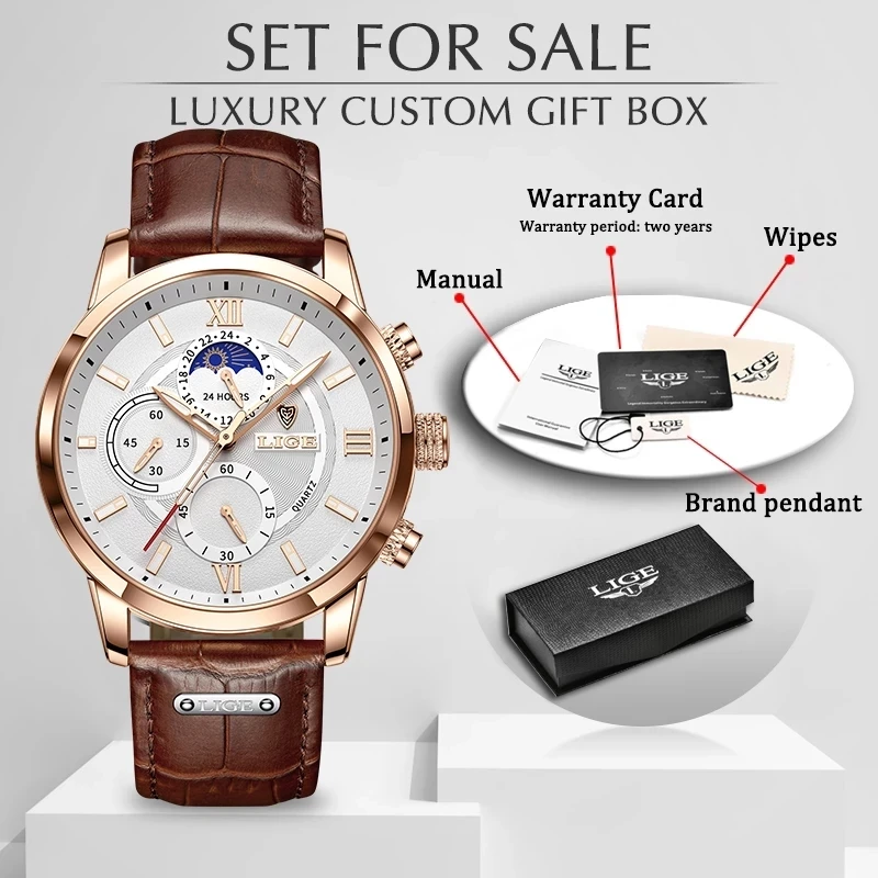 Lige männer uhren neue mode leder wasserdicht leuchtende top marke luxus herren quarz armbanduhr männer relogio masculino box