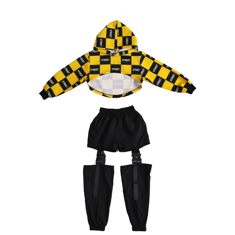 Children Girl long Sleeve Black Yellow Hip Hop Hiphop Ds Jazz Dance Costumes Ballroom Clothes Outfit Girl Clothes