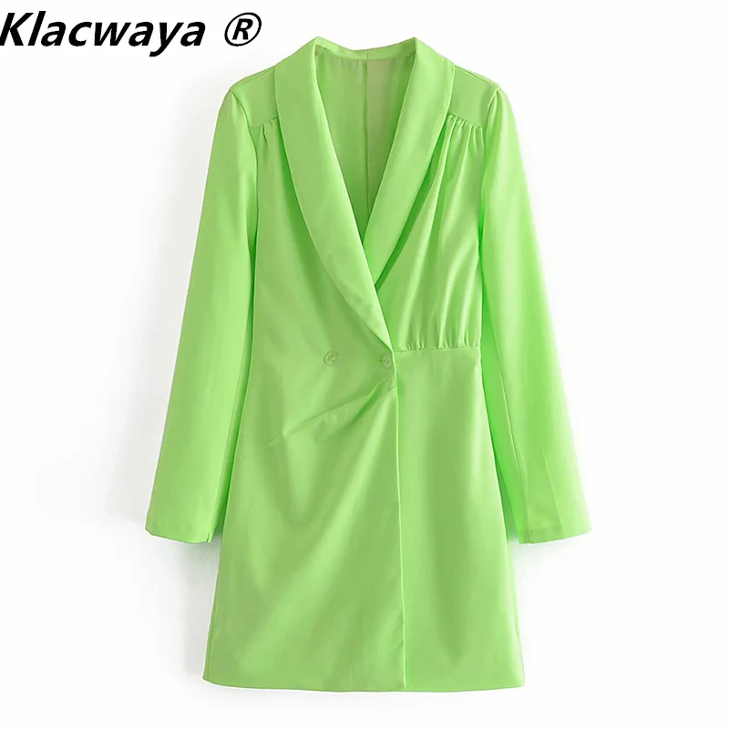 Klacwaya Za Women Fashion Summer Short Dress Long Sleeve Fluorescent Green Lapel Suit Mini Dresses Female Dresses Mujer