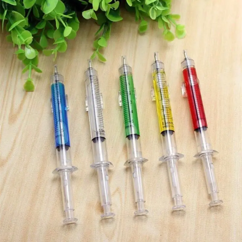 4Pcs Multicolor Spuit Pennen Novelty Liquid Spuit Balpen Naald Buis Vorm Zwarte Inkt Balpen Balpen Pen Gift