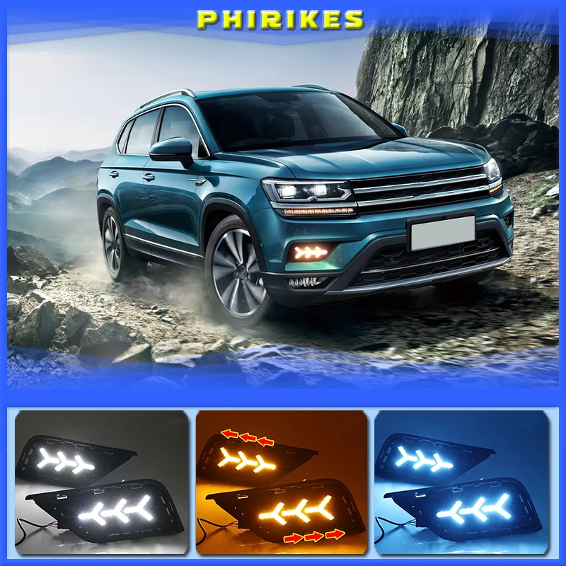 

1Pair LED DRL Daytime Running Light Daylights For Volkswagen VW Tharu 2019 With Yellow Turn Signal Fog Lamp Cover night blue