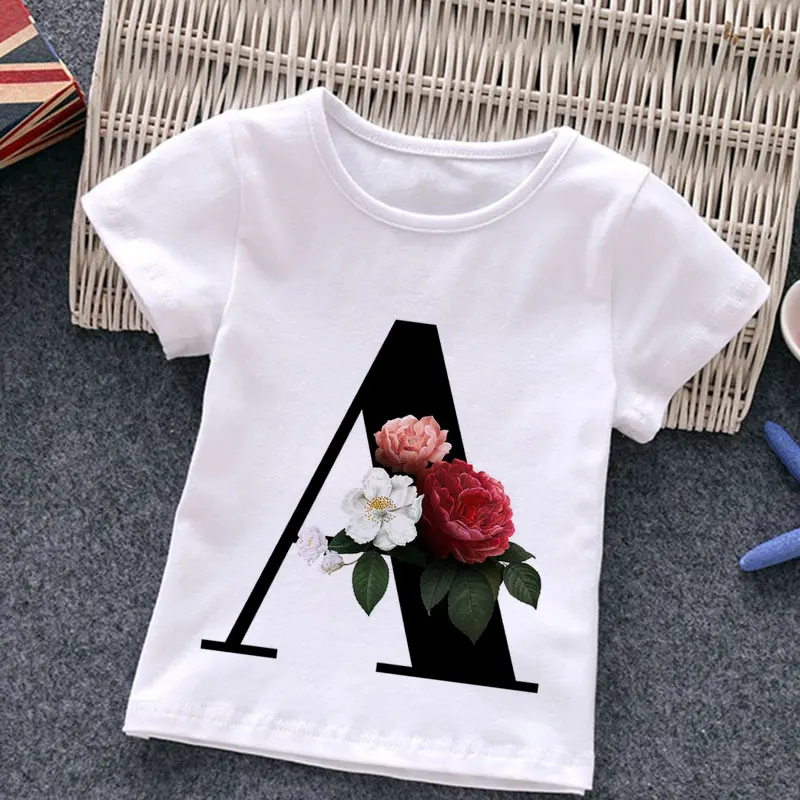 

New summer style T-shirt Fashion Alphabet Girls Tshirts Harajuku Retro girlsTshirt Flowers Element Nice Round Neck Kids Tshirt