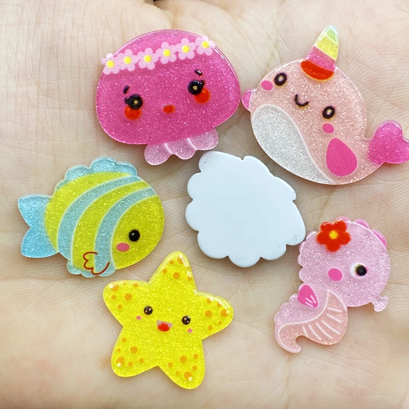 30Pcs Acrylic Kawaii Mini Ocean Series Flatback Cabochon Scrapbook Hair Bows Clips DIY Embellishments Accessories D63