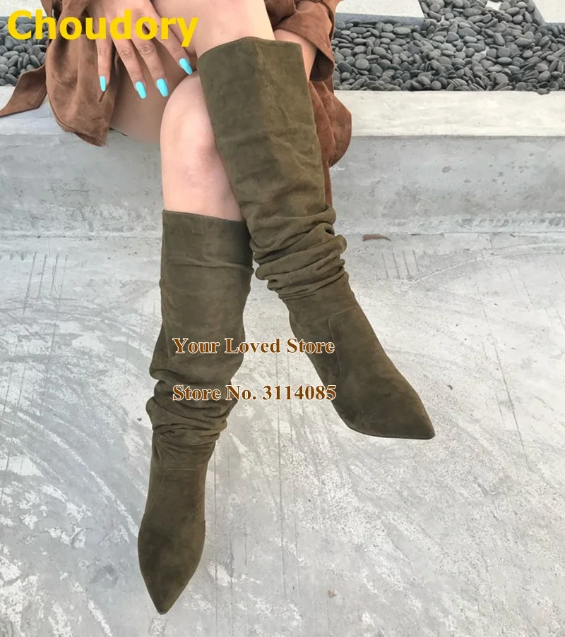 

Choudory High Heel Pleated Knee Boots Pointed Toe Stiletto Heels Dress Boots Army Green Coffee Folded Tall Boots Slip-on Boots