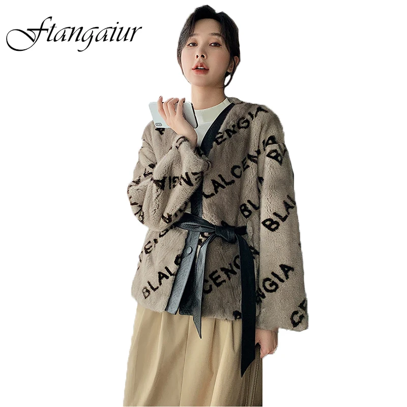 

Ftangaiur NEW Winter Imported Velvet Mink Fur Coat With Sashes Print Letter Women's Short Pure Natural Real Mink Fur Coats