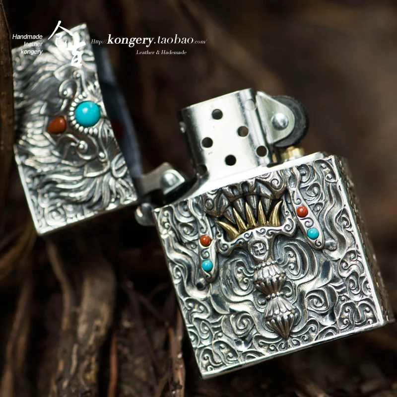 ★Kurayoshi manual machine men S925 silver carving juki personality of wind restoring ancient ways of kerosene lighter