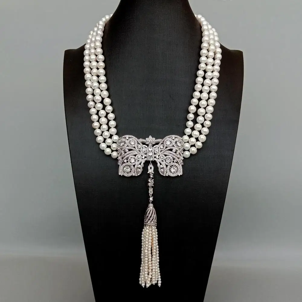 

Y·YING 3 Strands Freshwater Cultured White Pearl Necklace Bowknot Shape Cubic Zirconia Pave Tassel Pendant