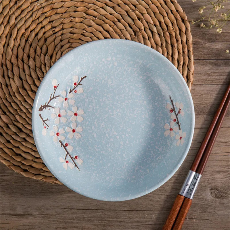 Japanese Ceramic Floral Round Dinner Plate Fruit Dessert Tray Glaze Cherry Blossom Porcelain Dish  Steak Snack Dishes