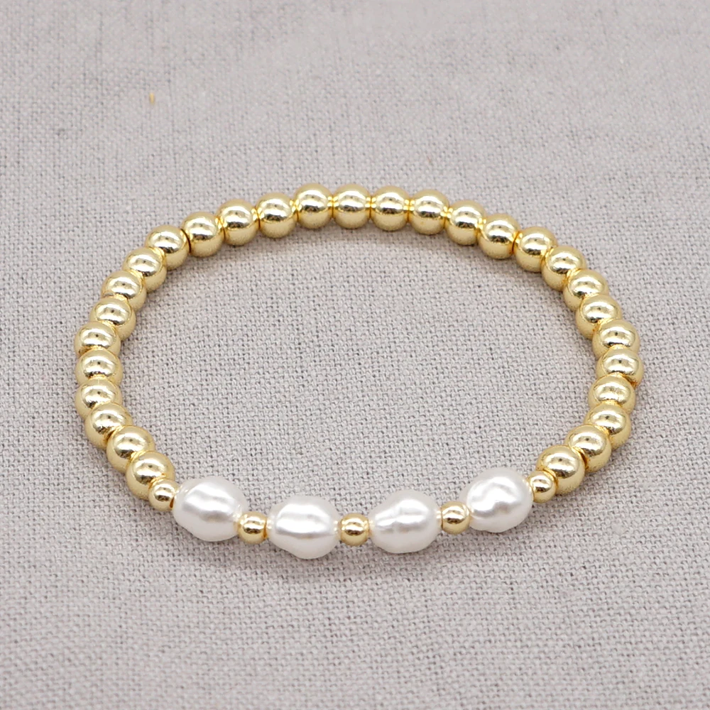 Go2BoHo 5mm Baroque Pearl Bracelet Gold Colored Varnish Baked Natural Stone Beaded Bracelets for Women Jewelry Elastic Braclets