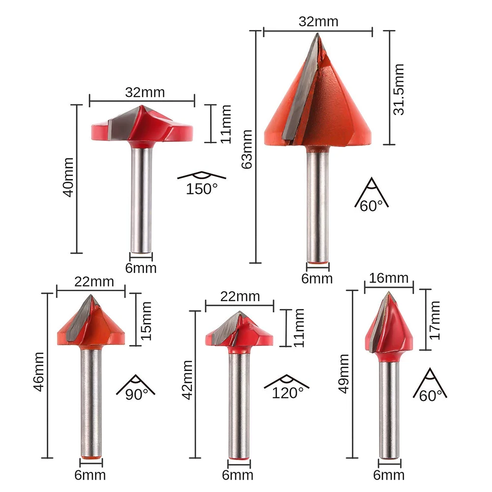 5PCS V-Groove Router Bits Set, 60° 90° 120° 150° Angle, 6mm Shank, 3D V Shape Milling Wood Cutter Knife CNC Engraving Router Bit