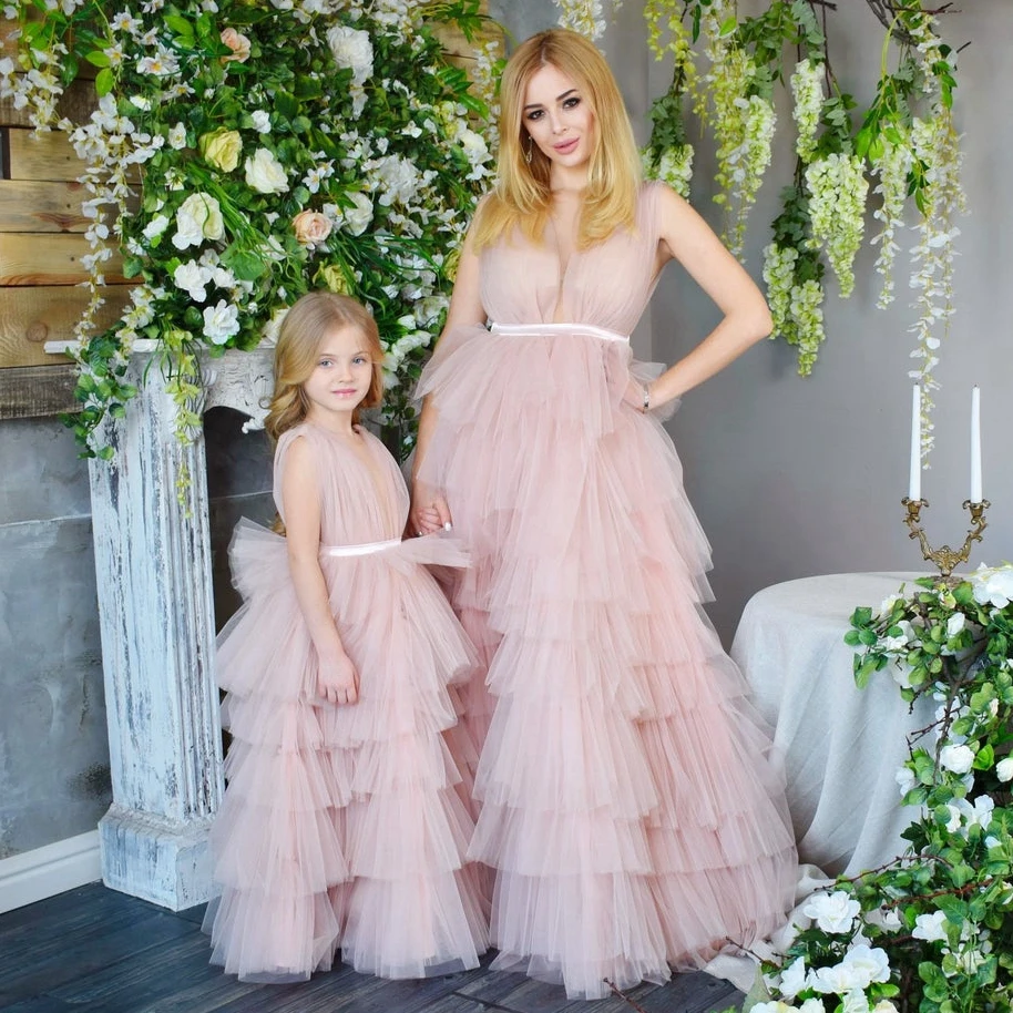 Mommy & Me Tulle Puffy Women Dress Ruffled Tiered A-line Dresses Floor Length Party Maxi Fromal Party Gown Custom made Summer