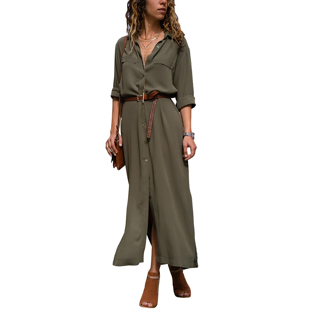 Ladies Solid Color Long Sleeve Single-breasted Split Swing Shirt Loose Casual Dress (S-3XL) [With Belt]