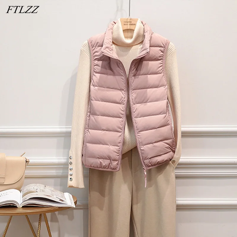 FTLZZ  Autumn Winter Ultra Light Down Vest Jacket Women Windbreak Sleeveless Short Coat  3XL White Duck Down Waistcoat