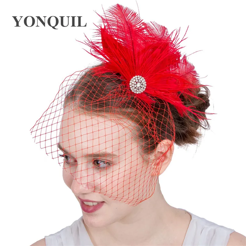 

Fashion Red Wedding Hats Feather Fascinators For Bride Cute Style Floral With Veils Women Banquet Kentucky Derby Party Headwear