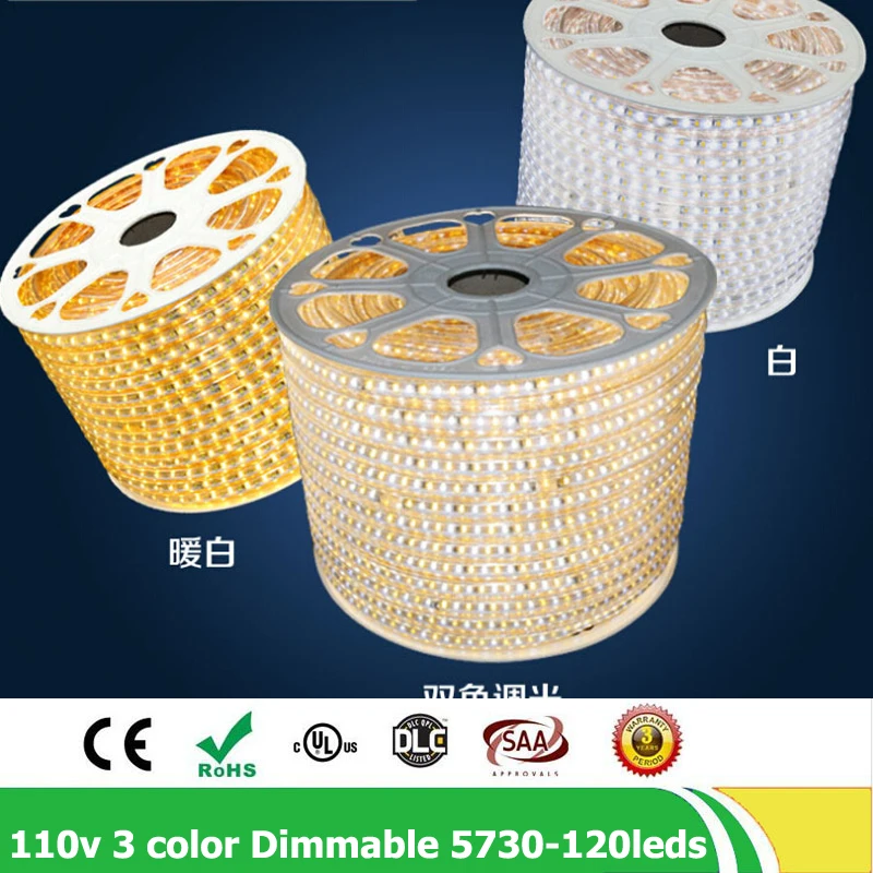 

50m/lot AC110V SMD5730 Led Strip 5630 Natural White 3 Color Change Dimmable Flexible Tape Light IP67 Waterproof With Controller