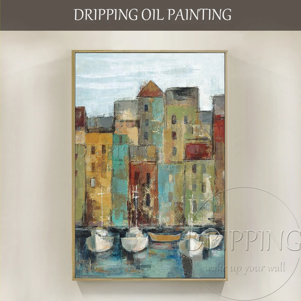 

Skilled Artist Hand-painted High Quality Abstract Old Town Harbor Oil Painting on Canvas Fine Art Abstract Harbor Oil Painting