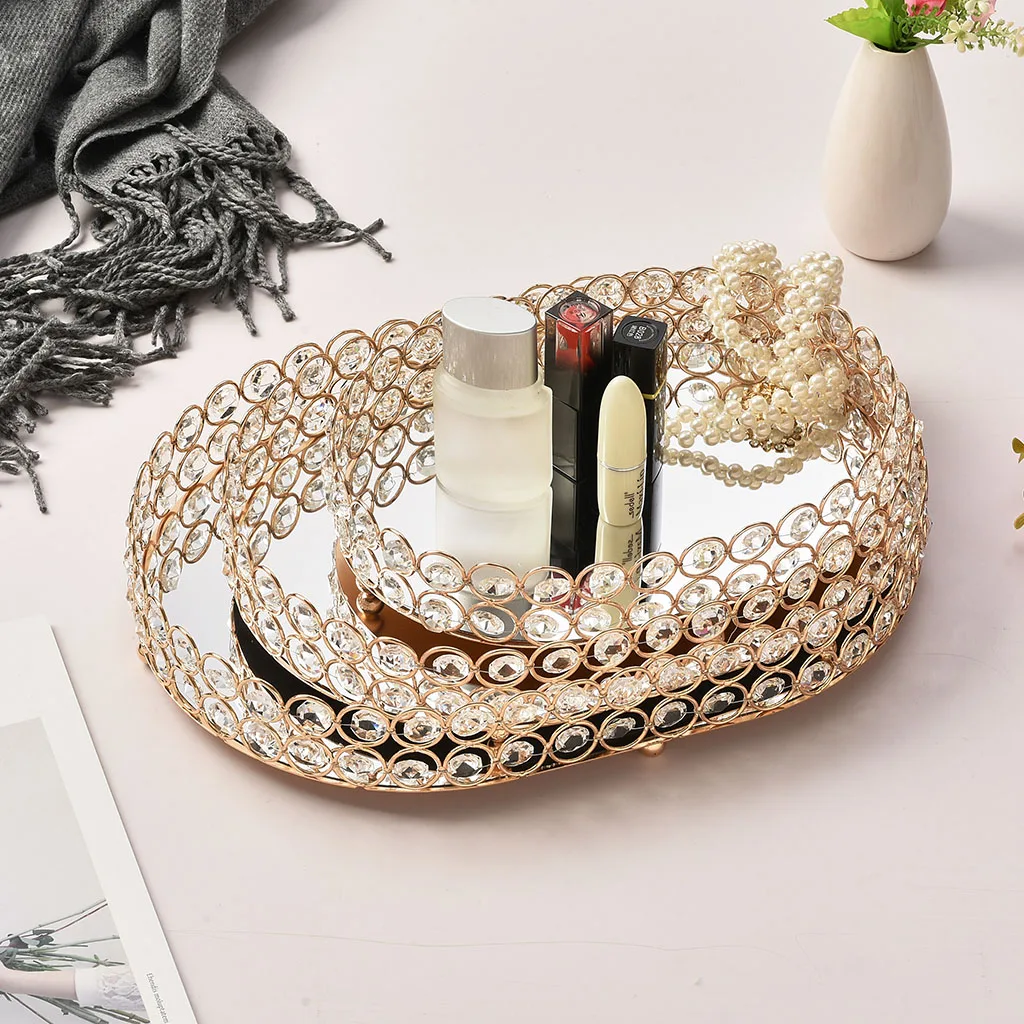 Golden Jewelry Storage Box Tray Glass Mirrored Crystal Cosmetic Make Up Organizer Home Decoration Rack Desktop Plate Tray